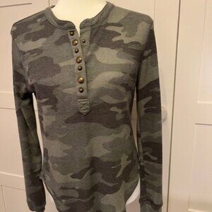 Beach Lunch Lounge camo brass button front waffle knit pullover